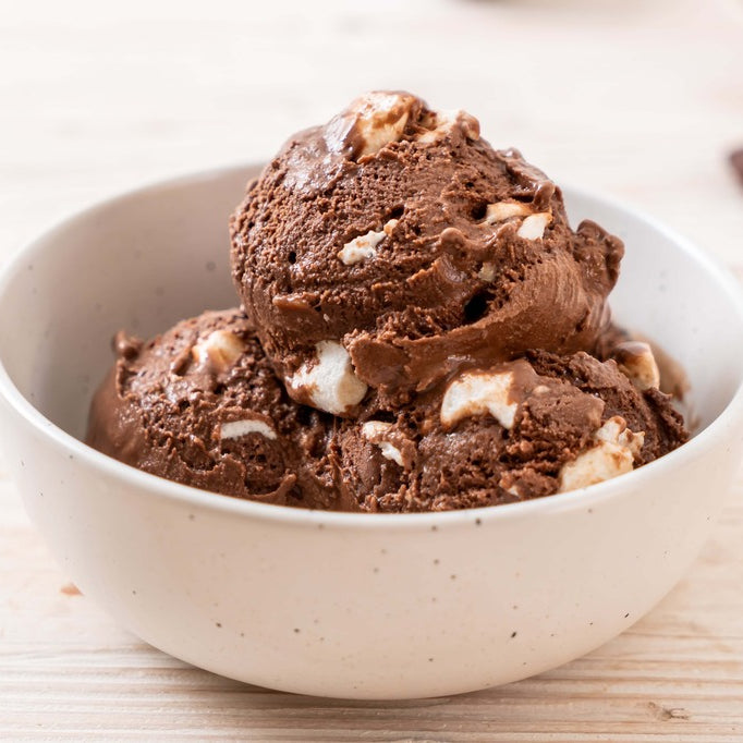 a bowl of rocky road ice cream 