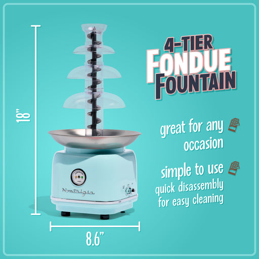 4-tier fondue fountain with dimensions and features on a teal background