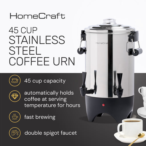 HomeCraft stainless steel coffee urn with features listed on a white background