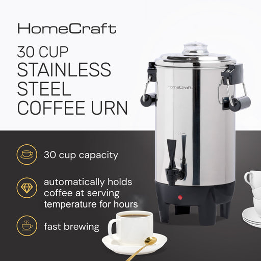 HomeCraft stainless steel coffee urn with features listed on a white background