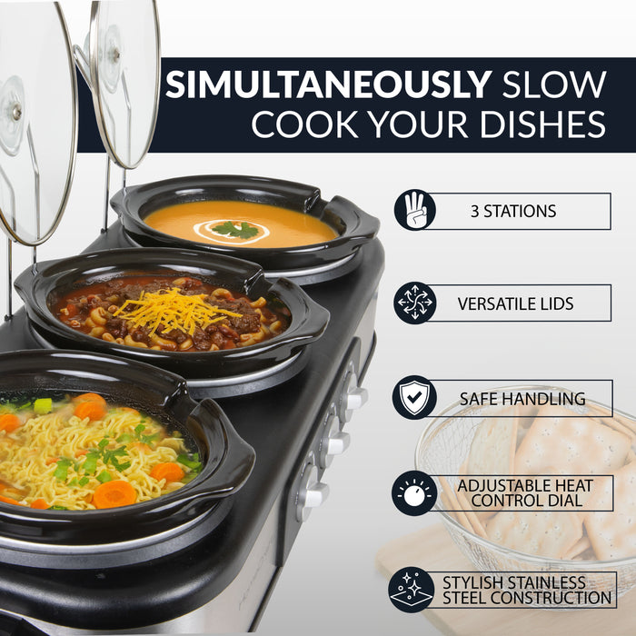 HomeCraft 3-Station 1.5-Quart Oval Slow Cooker Buffet, Stainless Steel