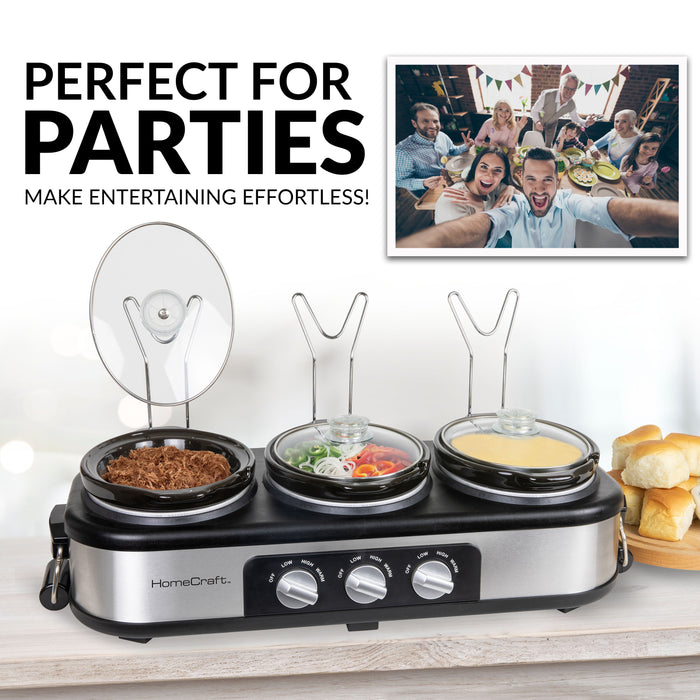 HomeCraft 3-Station 1.5-Quart Oval Slow Cooker Buffet, Stainless Steel