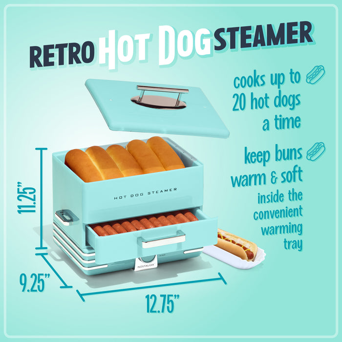 Large Diner Style Hot Dog Steamer, 20 Hot Dogs, 6 Buns, Aqua
