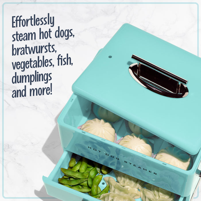 Large Diner Style Hot Dog Steamer, 20 Hot Dogs, 6 Buns, Aqua