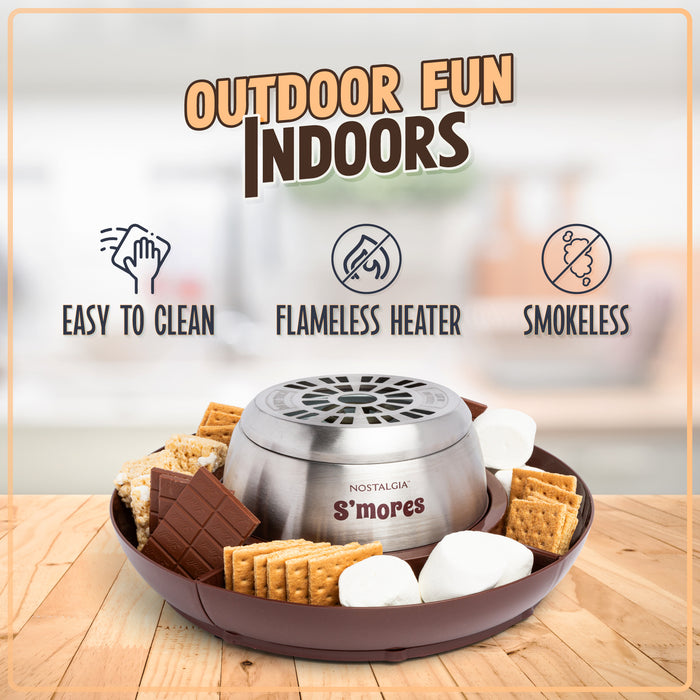 Indoor Electric Stainless Steel S'mores Maker with 4 Lazy Susan Compartment Trays for Graham Crackers, Chocolate, Marshmallows and 4 Roasting Forks