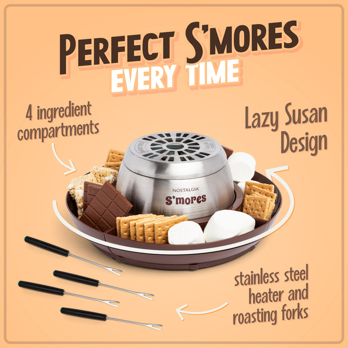 Indoor Electric Stainless Steel S'mores Maker with 4 Lazy Susan Compartment Trays for Graham Crackers, Chocolate, Marshmallows and 4 Roasting Forks
