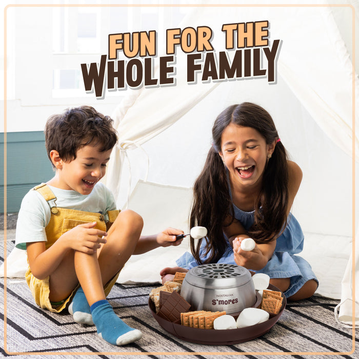 Indoor Electric Stainless Steel S'mores Maker with 4 Lazy Susan Compartment Trays for Graham Crackers, Chocolate, Marshmallows and 4 Roasting Forks