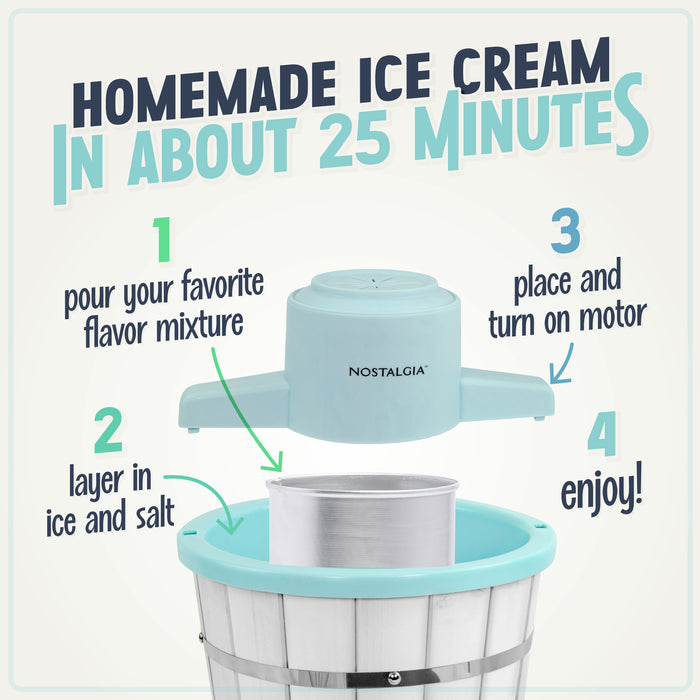 Nostalgia 4-Quart Parlor Wood Bucket Electric Ice Cream Maker - White & Aqua