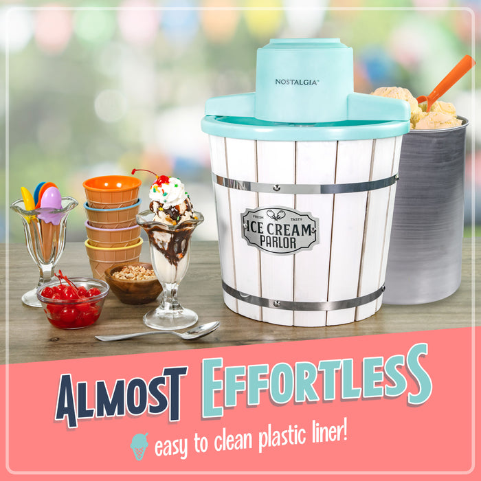 Nostalgia 4-Quart Parlor Wood Bucket Electric Ice Cream Maker - White & Aqua