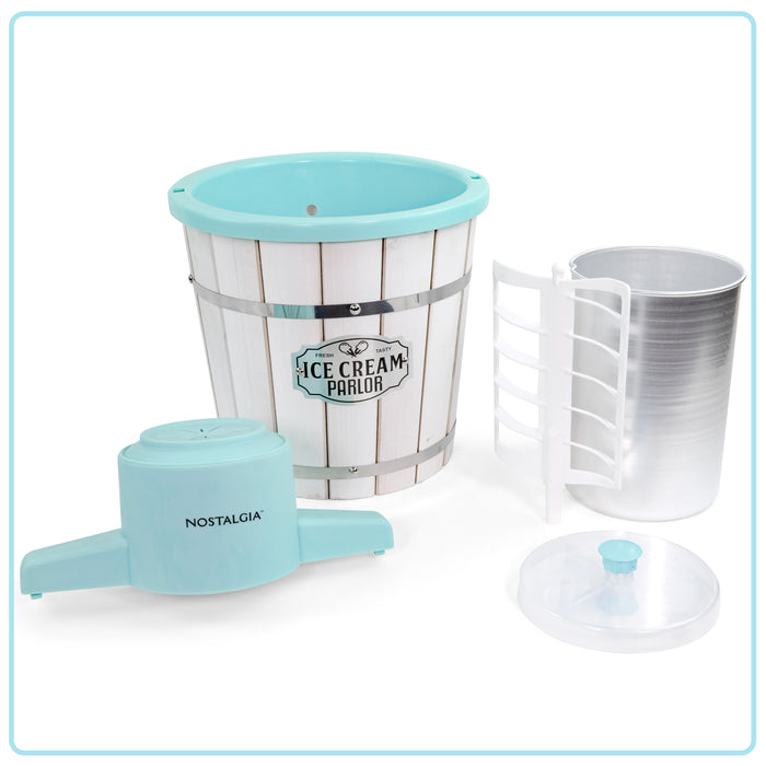 Nostalgia 4-Quart Parlor Wood Bucket Electric Ice Cream Maker - White & Aqua