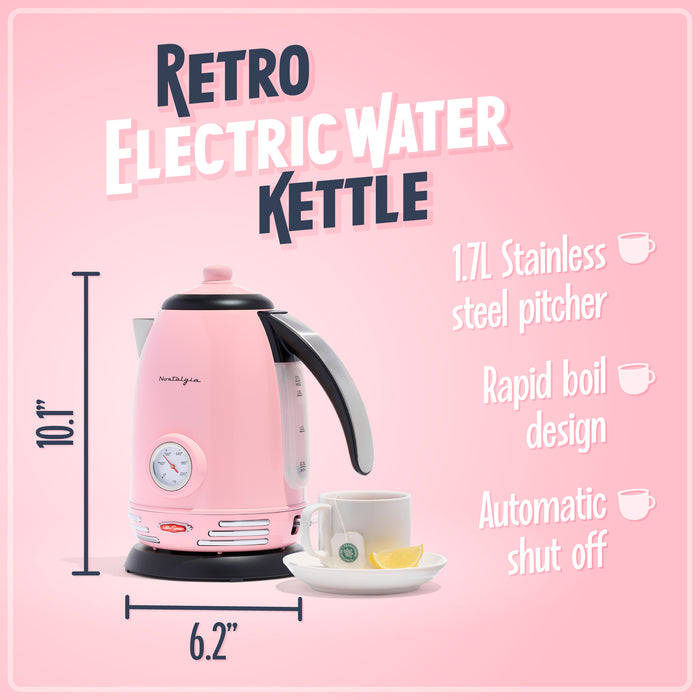 Retro 1.7-Liter Stainless Steel Electric Water Kettle with Strix Thermostat, Pink
