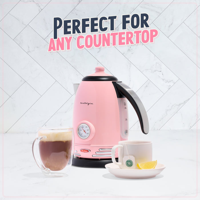 Retro 1.7-Liter Stainless Steel Electric Water Kettle with Strix Thermostat, Pink