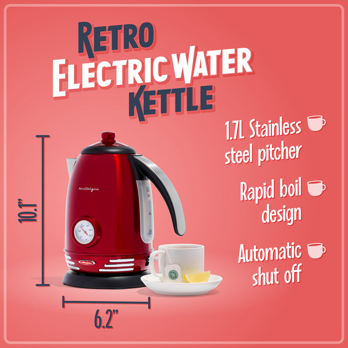 Retro 1.7-Liter Stainless Steel Electric Water Kettle with Strix Thermostat, Retro Red