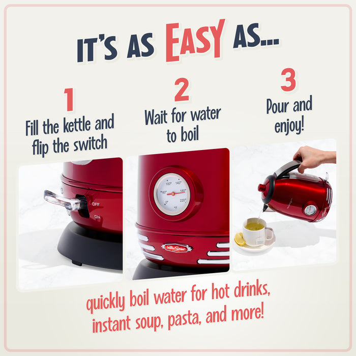 Retro 1.7-Liter Stainless Steel Electric Water Kettle with Strix Thermostat, Retro Red