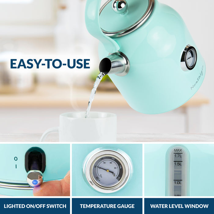 Retro Stainless Steel Electric Tea and Water Kettle, Aqua