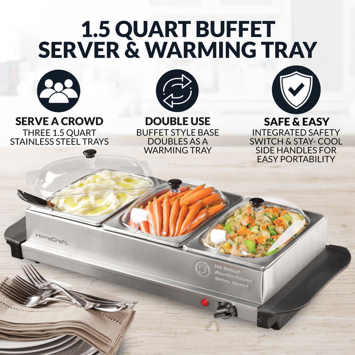 HomeCraft™ HCBS15SS 3-Station 1.5-Quart Stainless Steel Buffet Server & Warming Tray