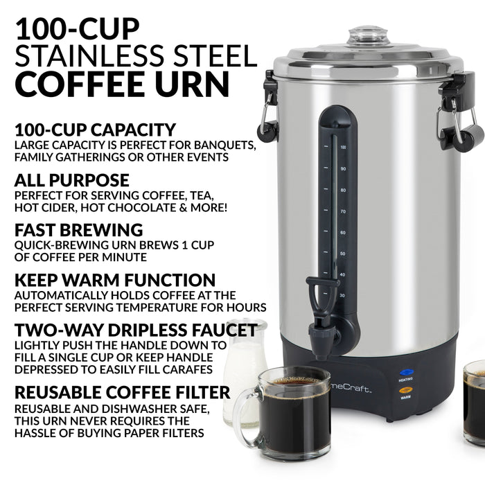 HomeCraft™ Quick-Brewing 1500-Watt Automatic 100-Cup Coffee Urn, Stainless Steel