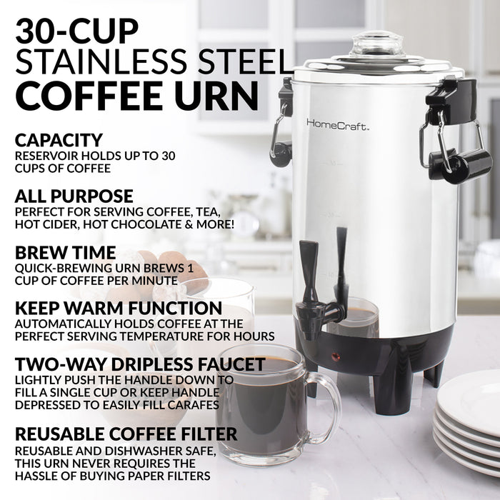 HomeCraft Quick-Brewing 1000-Watt Automatic 30-Cup Coffee Urn - Stainless Steel