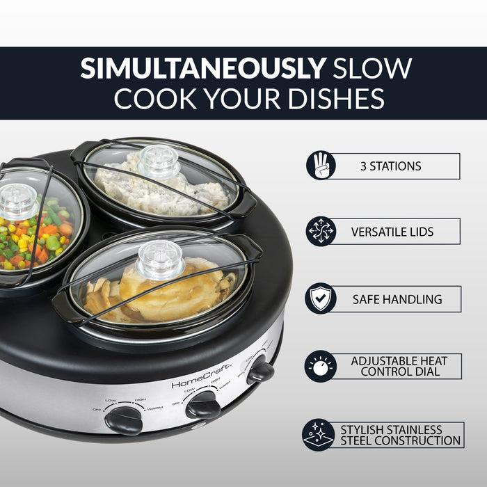 HomeCraft Triple Round Oval 1.5 Quart Stainless Steel Cooker Buffet
