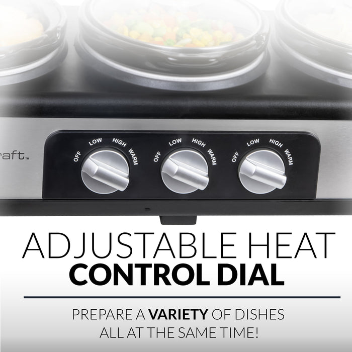 HomeCraft 3-Station 1.5-Quart Oval Slow Cooker Buffet, Stainless Steel