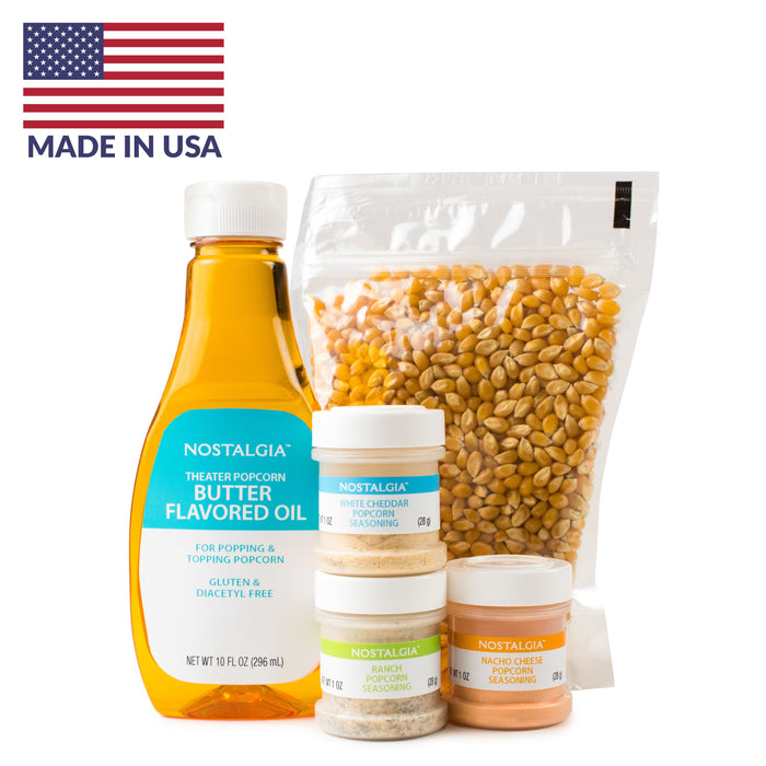Nostalgia Hot Air & Kettle Popcorn Kit, 3 Seasonings, Oil, Popcorn Kernels