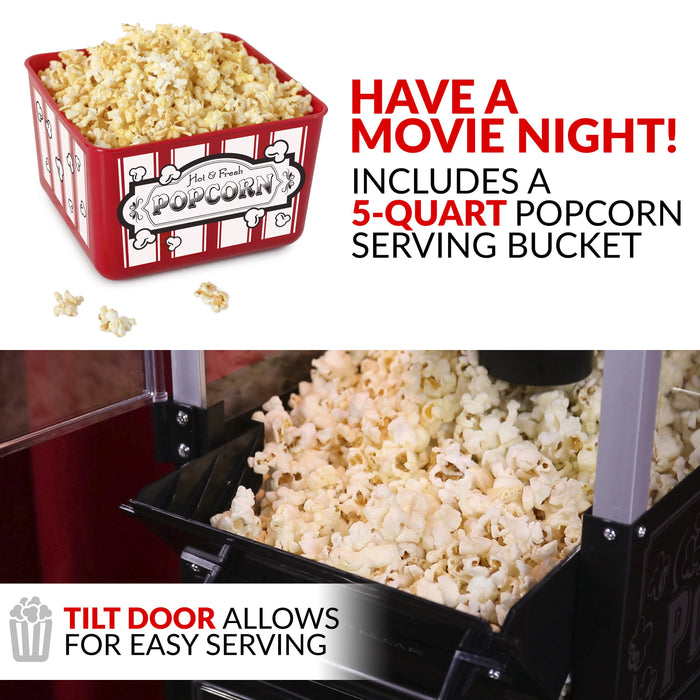 Nostalgia 2.5 Ounce Popcorn Cart, 5-Quart Popcorn Bowl full of popcorn