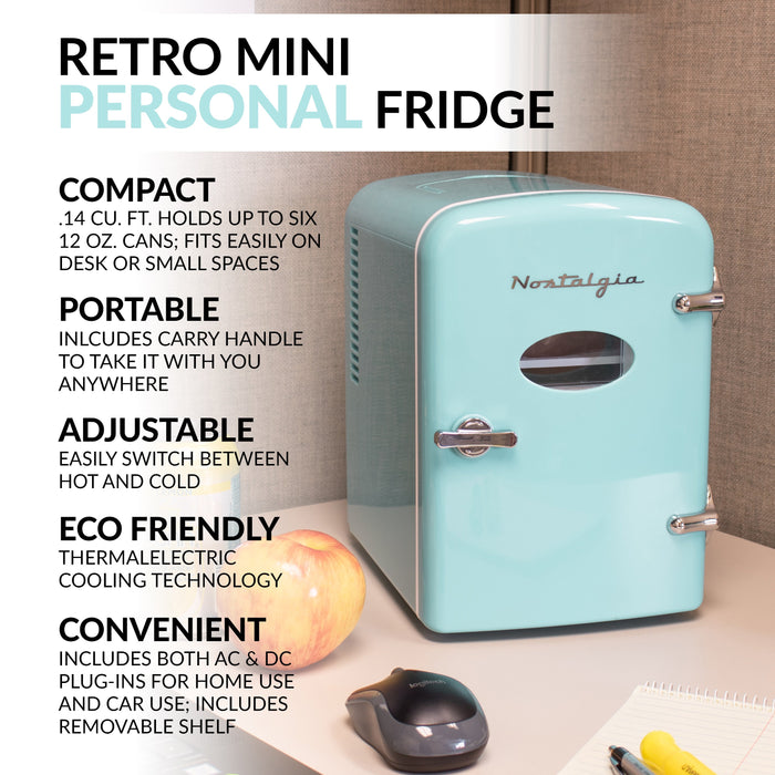 Retro 6-Can Personal Cooling and Heating Refrigerator with Display Window & Carry Handle, Aqua