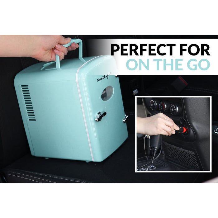 Retro 6-Can Personal Cooling and Heating Refrigerator with Display Window & Carry Handle, Aqua