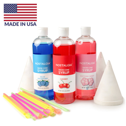 Premium 16-Ounce Snow Cone Syrups, Cups and Spoon-Straws Party Kit
