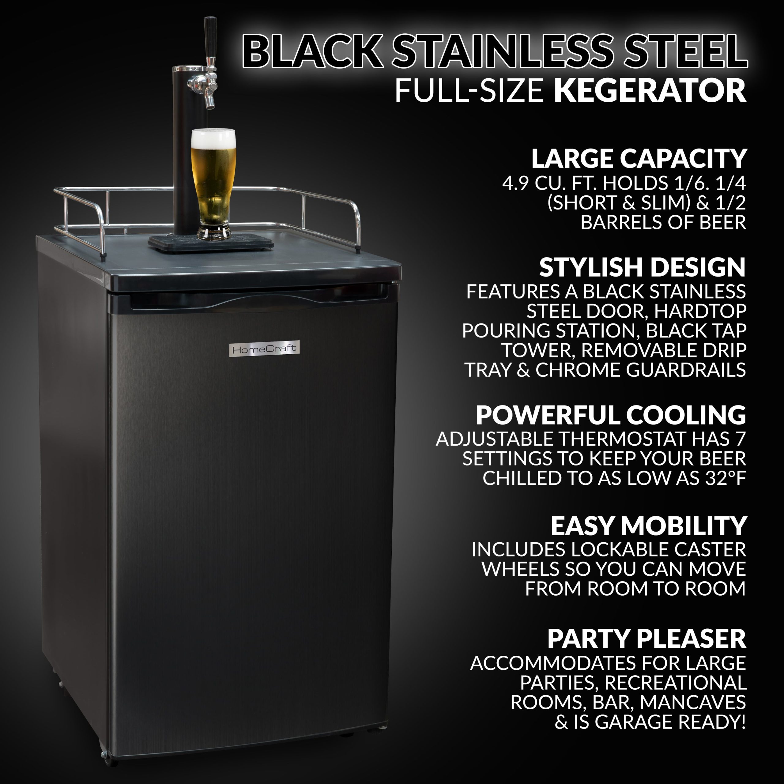 HomeCraft™ 4.9 Cu. Ft. Full Size Kegerator Draft Beer Dispenser. Black Stainless Steel - Image 2