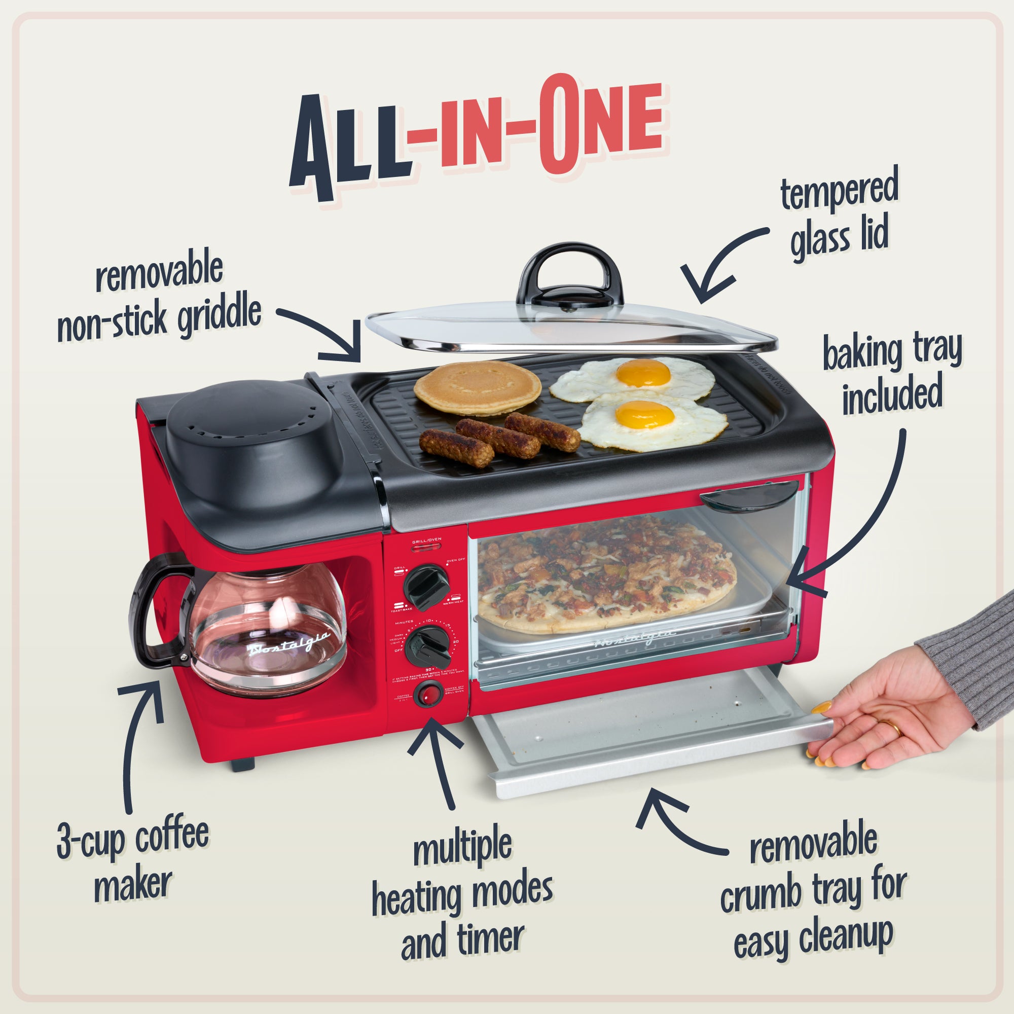 Retro 3-in-1 Family Size Breakfast Station. Retro Red - Image 5