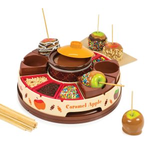 Lazy Susan Chocolate & Caramel Apple Party with Heated Fondue Pot. 25 Sticks. Decorating and Toppings Trays