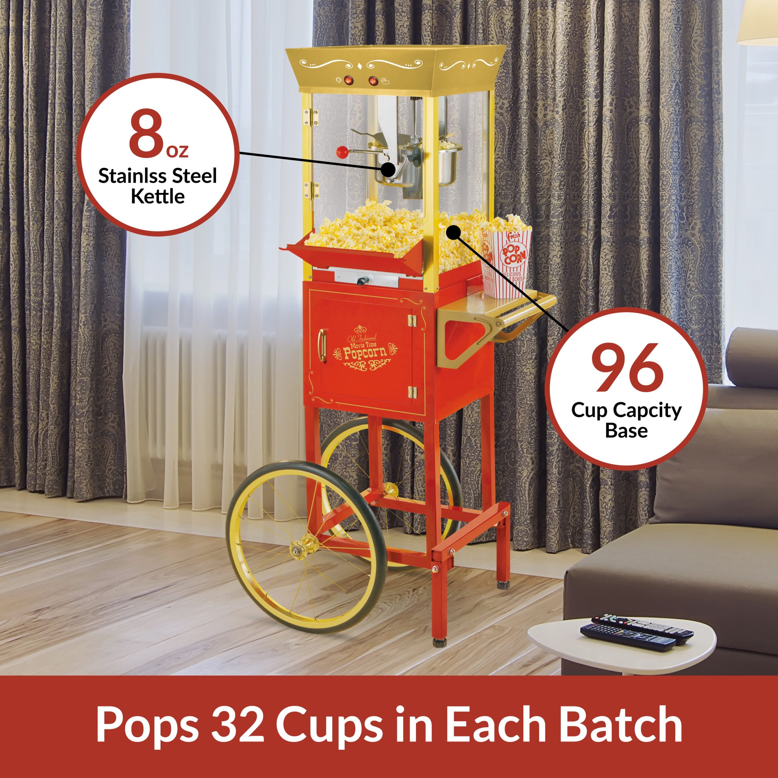 Vintage Professional Popcorn Cart - 8-Ounce Kettle - 53 Inches Tall - Red & Gold - Image 2