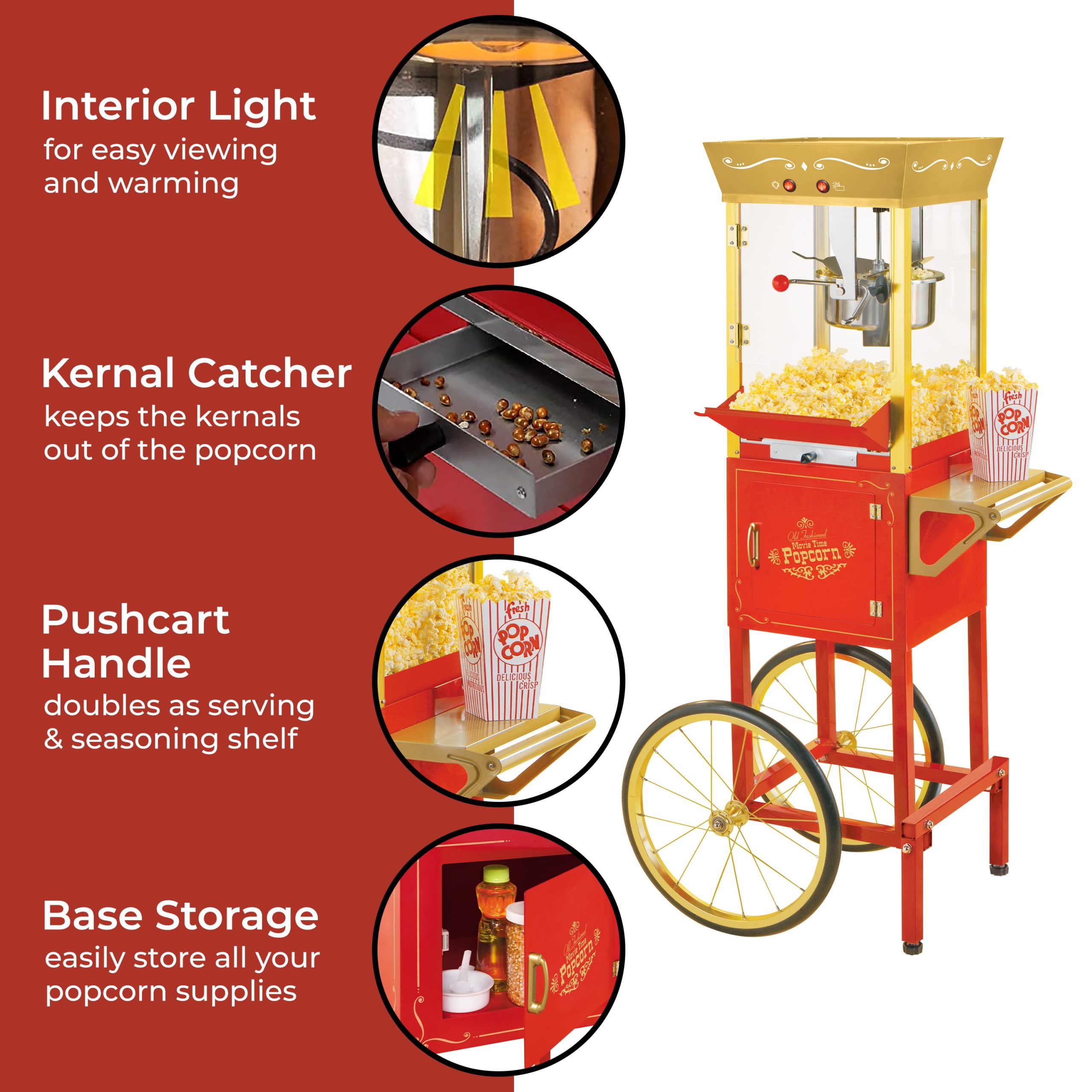 Vintage Professional Popcorn Cart - 8-Ounce Kettle - 53 Inches Tall - Red & Gold - Image 3