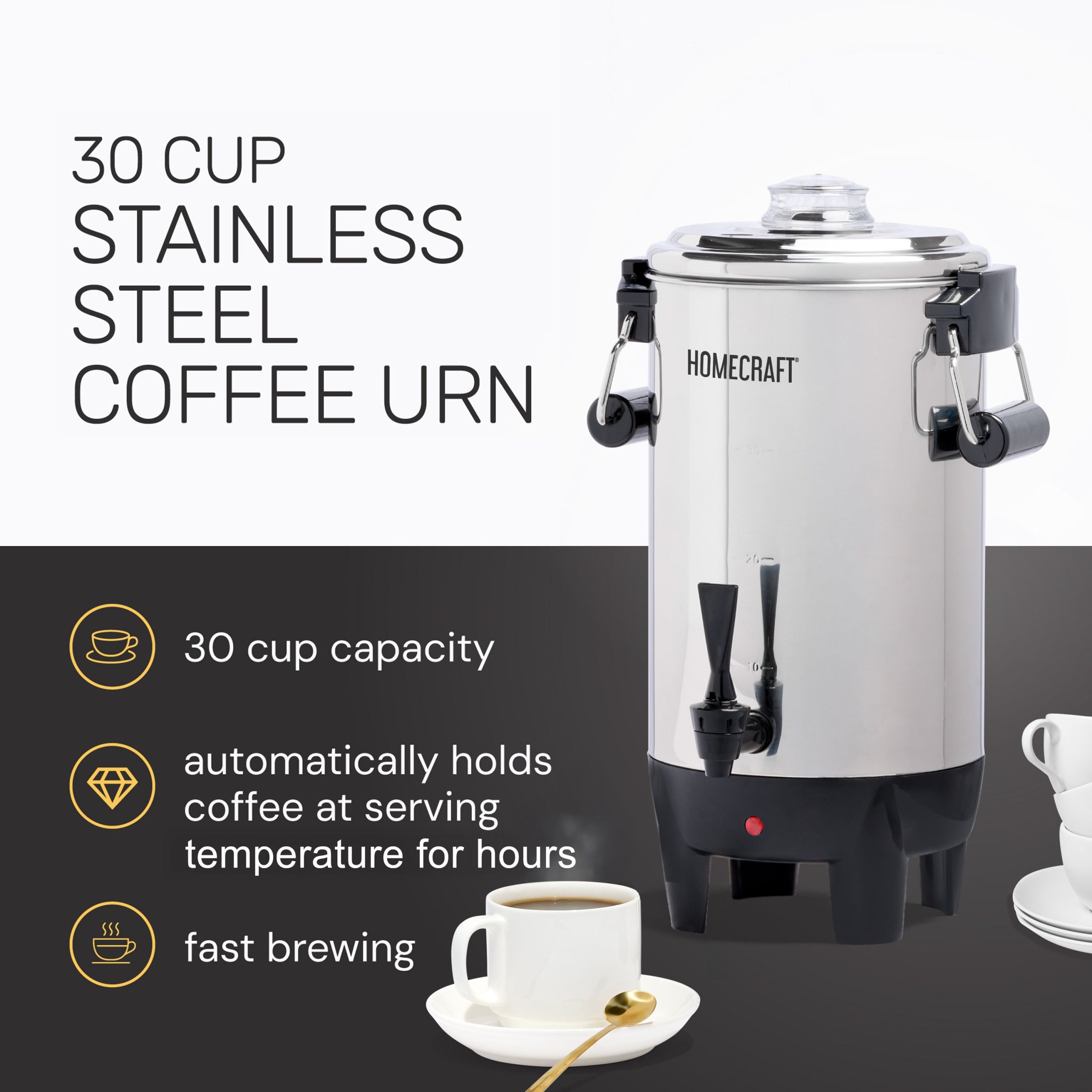 HomeCraft Quick-Brewing 1000-Watt Automatic 30-Cup Coffee Urn - Stainless Steel - Image 2