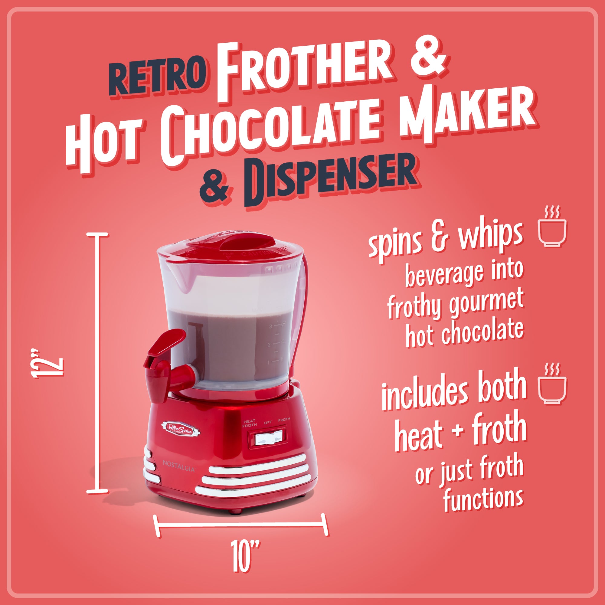 Retro 32-Ounce Hot Chocolate. Milk Frother. Cappuccino. Mocha. Latte Maker and Dispenser - Image 3