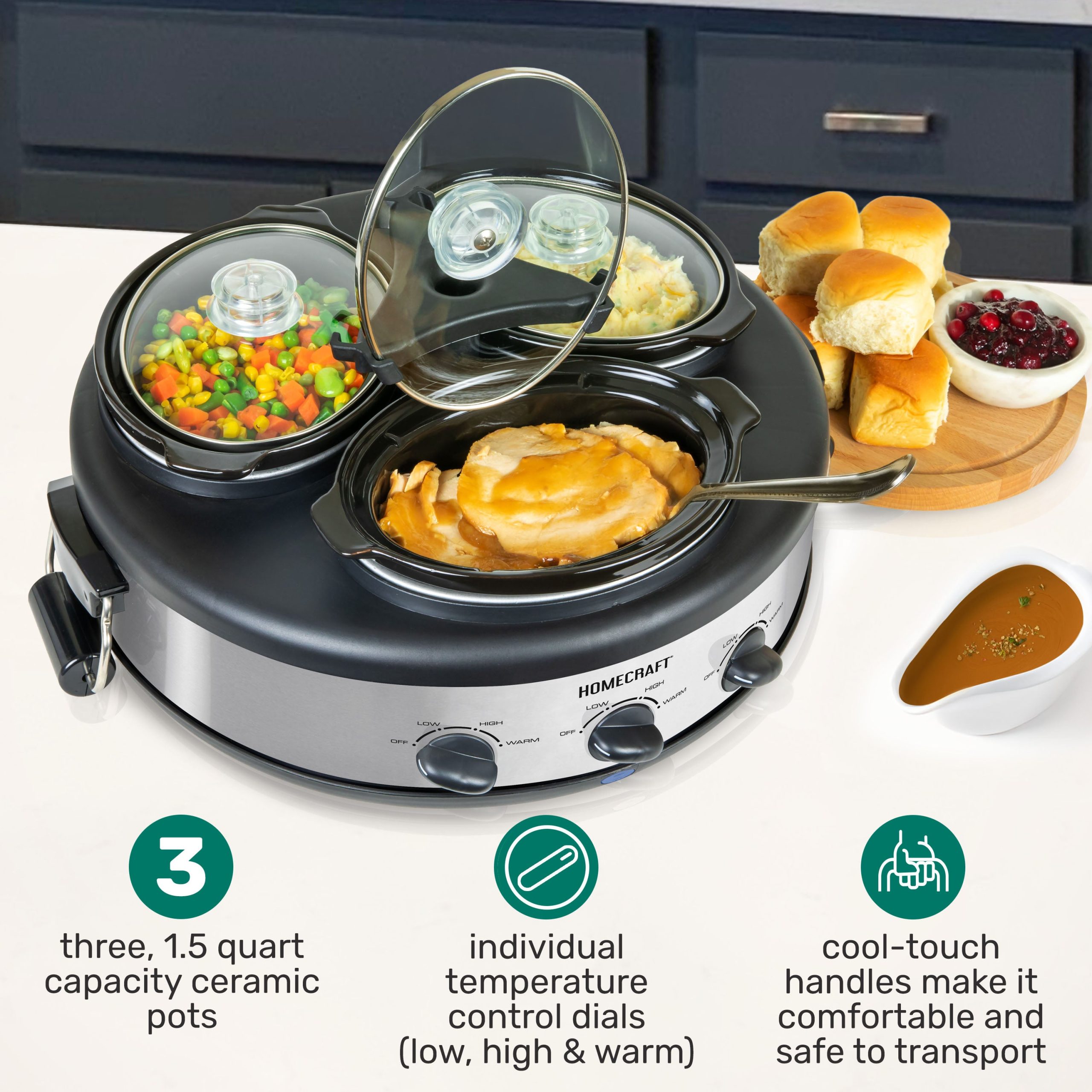 HomeCraft Triple Round Oval 1.5 Quart Stainless Steel Cooker Buffet - Image 2