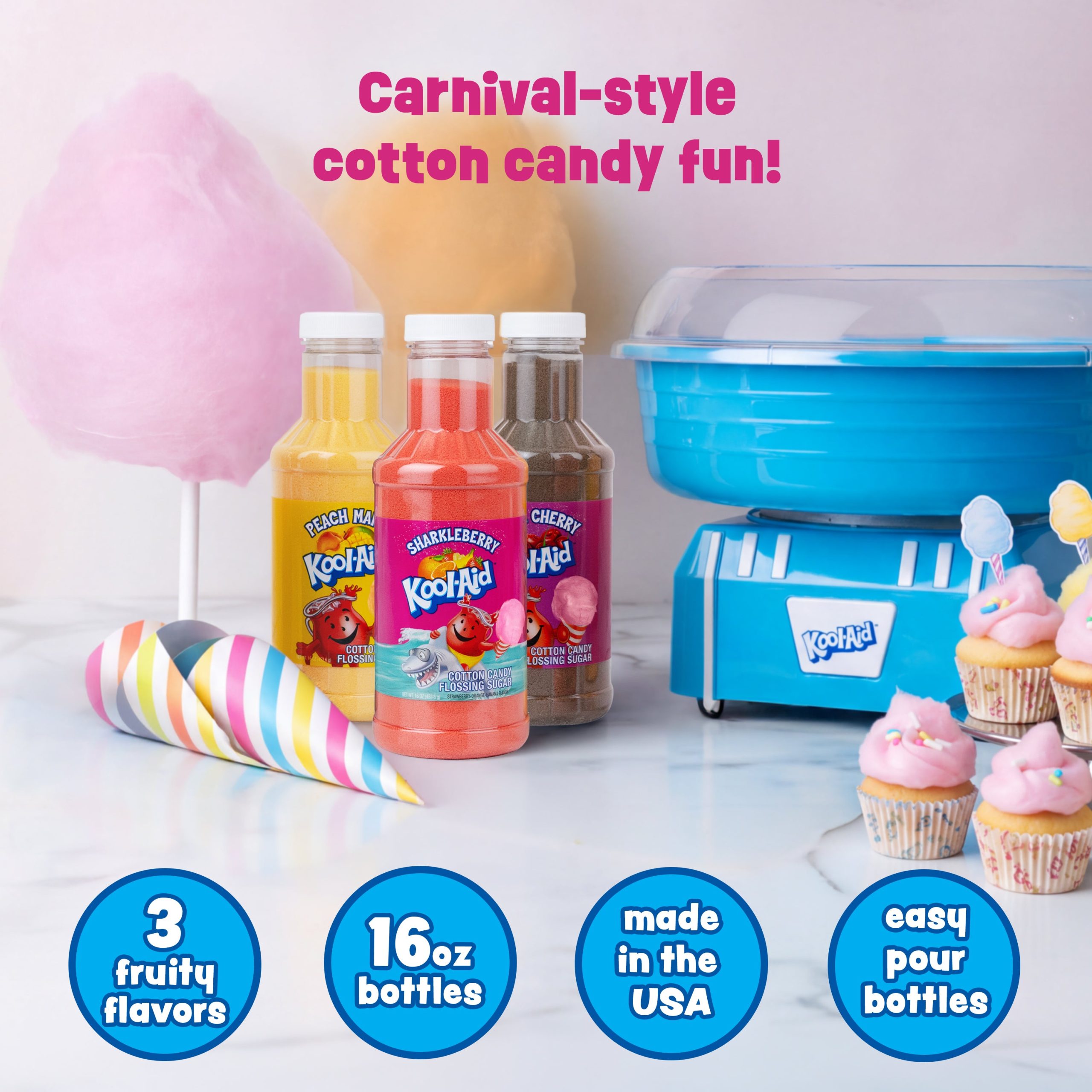 Kool-Aid Cotton Candy Flossing Sugar – Black Cherry. Sharkleberry. Peach Mango – 3 Pack - Image 2