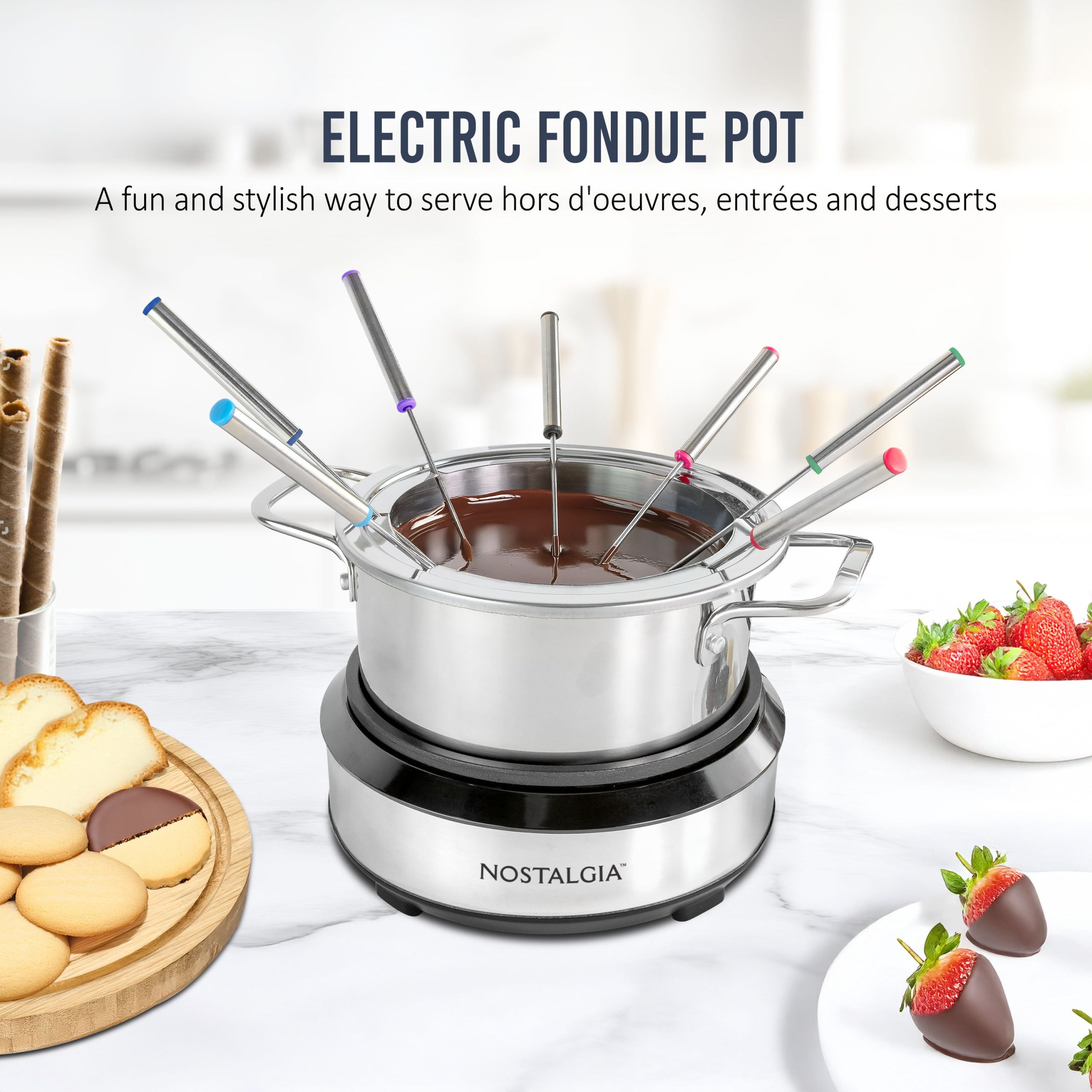 8-Cup Electric Fondue Pot Set for Cheese & Chocolate - 8 Color-Coded Forks. Temperature Control - Image 4