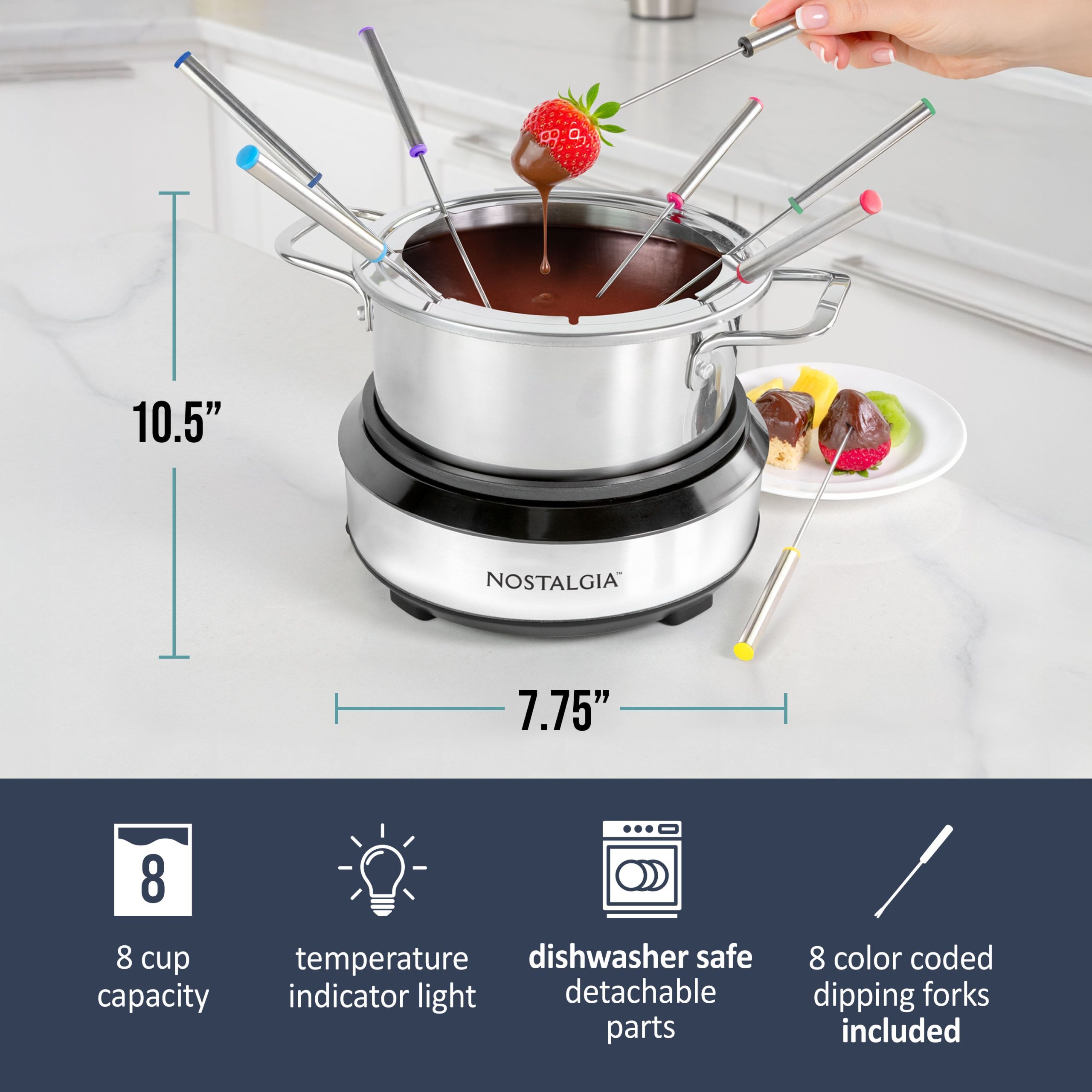 8-Cup Electric Fondue Pot Set for Cheese & Chocolate - 8 Color-Coded Forks. Temperature Control - Image 6