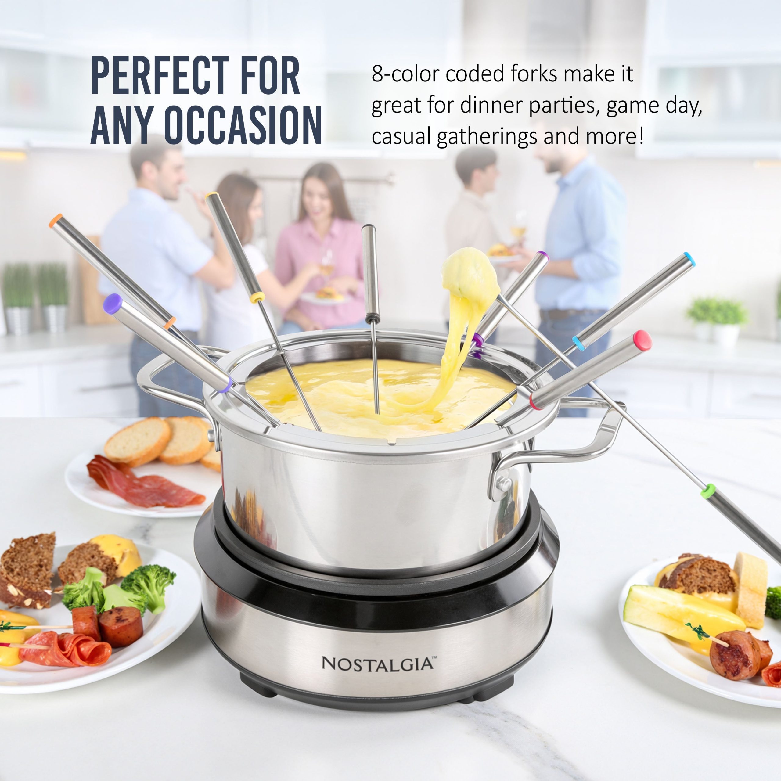 8-Cup Electric Fondue Pot Set for Cheese & Chocolate - 8 Color-Coded Forks. Temperature Control - Image 8