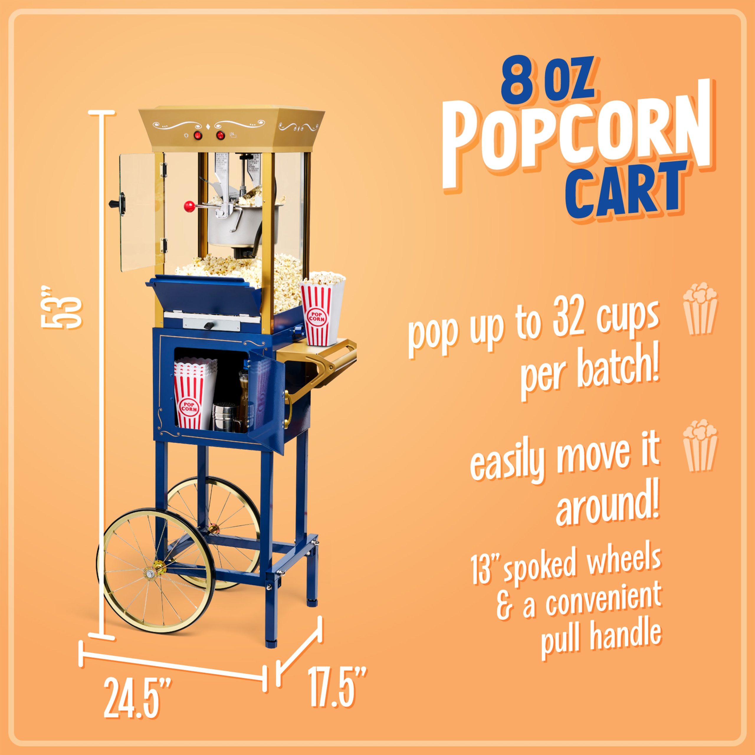 Nostalgia Vintage Professional Popcorn Cart - NEW 8-Ounce Kettle - 53 Inches Tall. Navy - Image 2