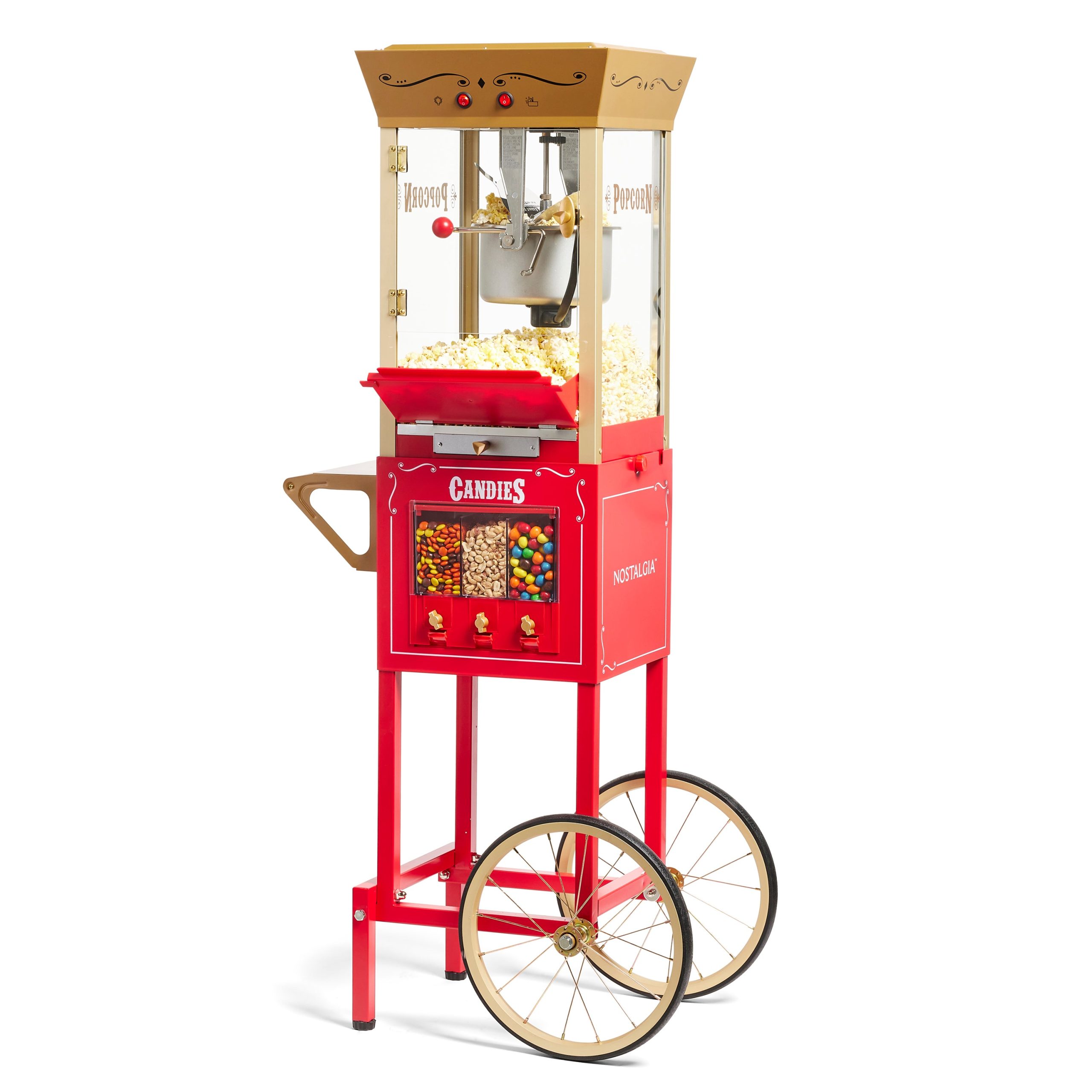 Nostalgia 53-Inch Popcorn Cart with Candy Dispenser. Red