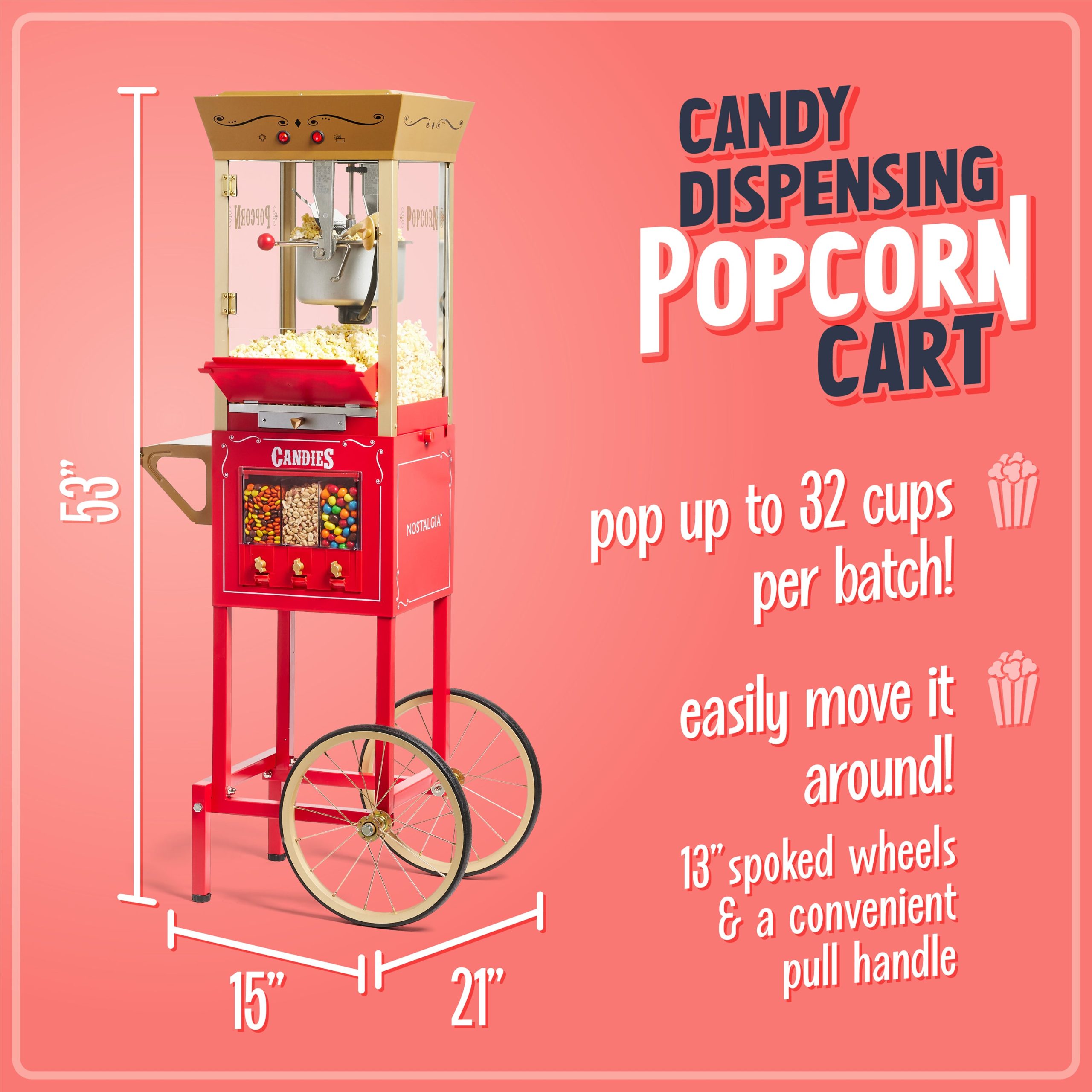 Nostalgia 53-Inch Popcorn Cart with Candy Dispenser. Red - Image 3