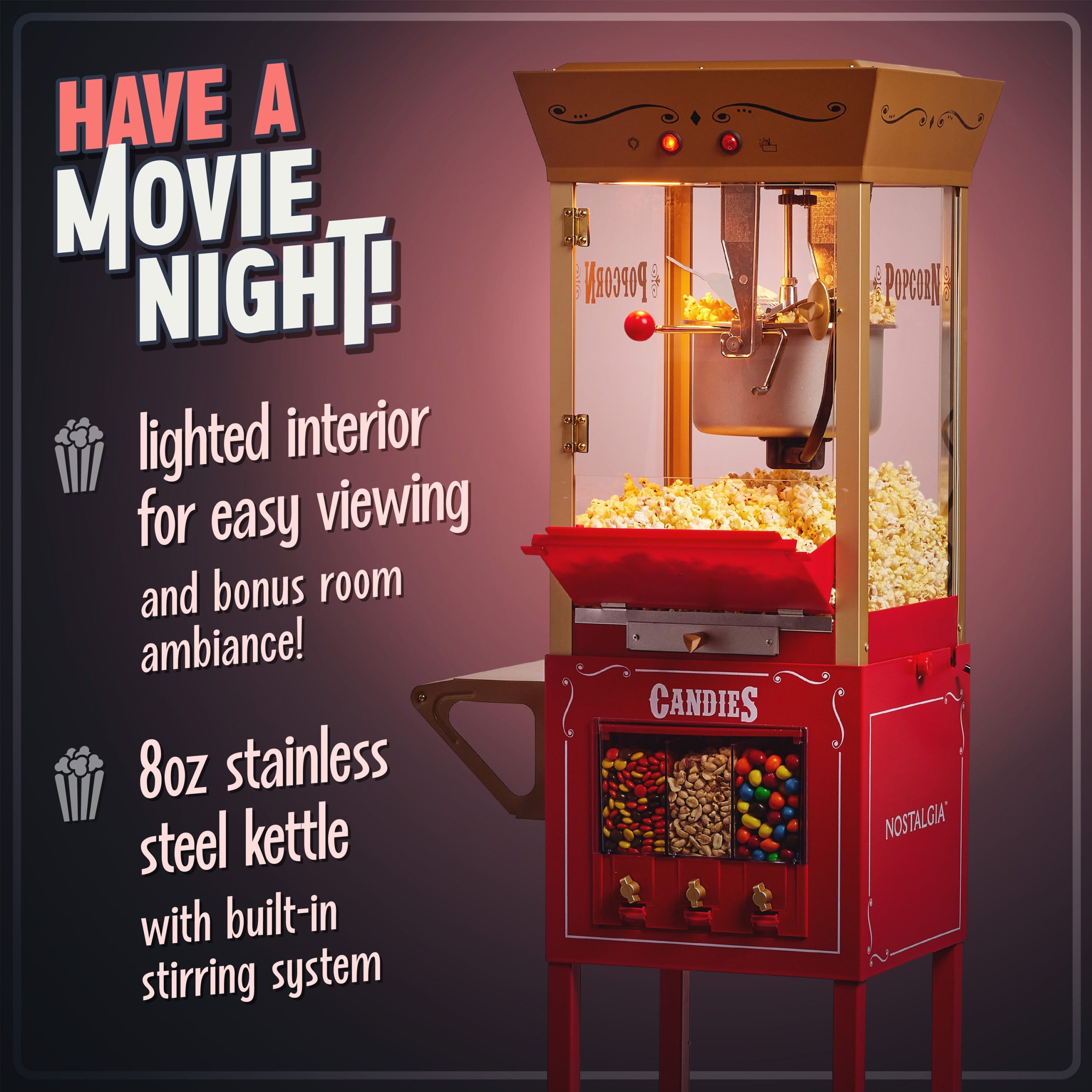 Nostalgia 53-Inch Popcorn Cart with Candy Dispenser. Red - Image 4