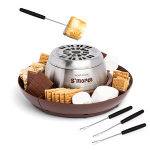 Indoor Electric Stainless Steel S'mores Maker with 4 Lazy Susan Compartment Trays for Graham Crackers. Chocolate. Marshmallows and 4 Roasting Forks