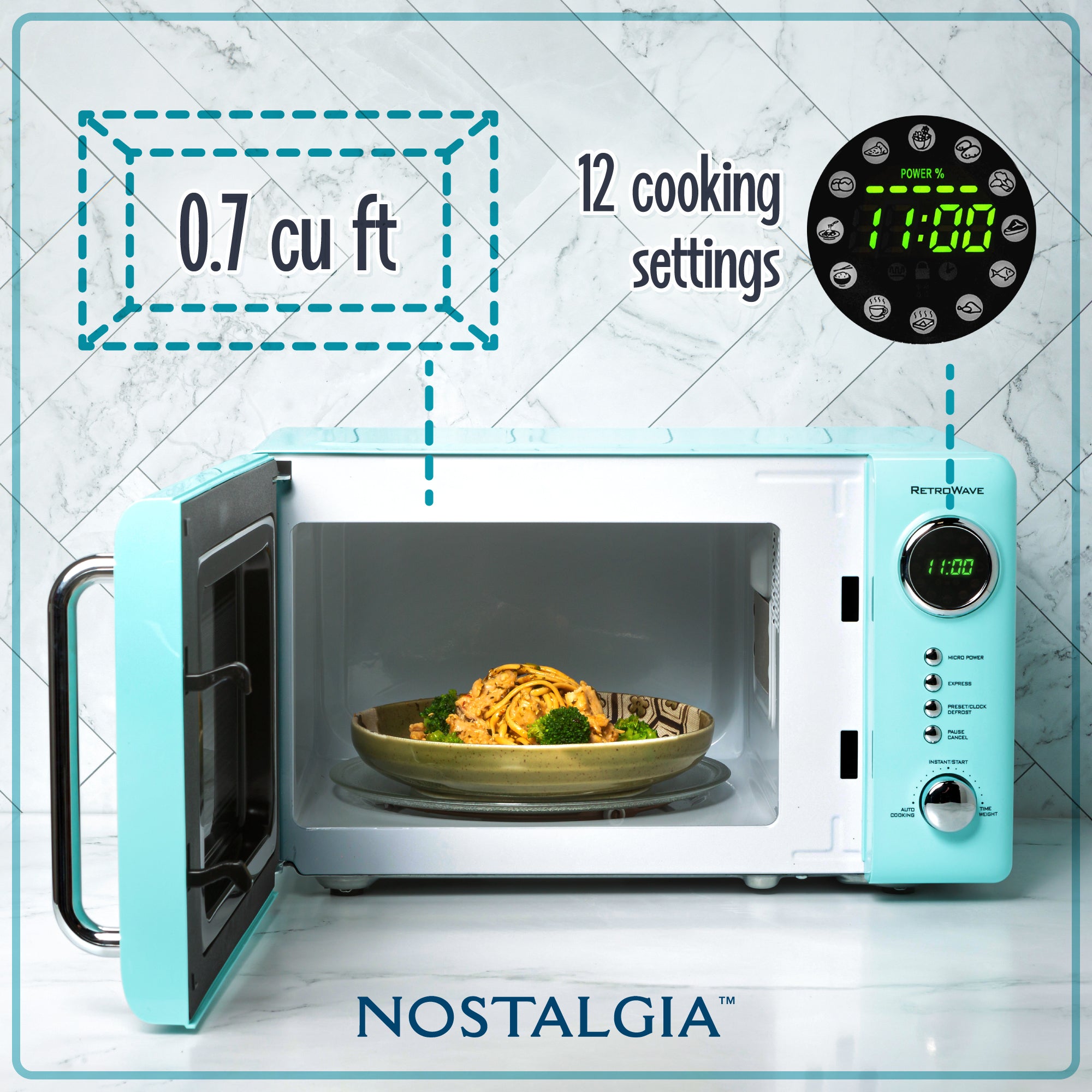 Retro 0.7 Cubic Foot 700-Watt Countertop Microwave Oven - Aqua - Image 2
