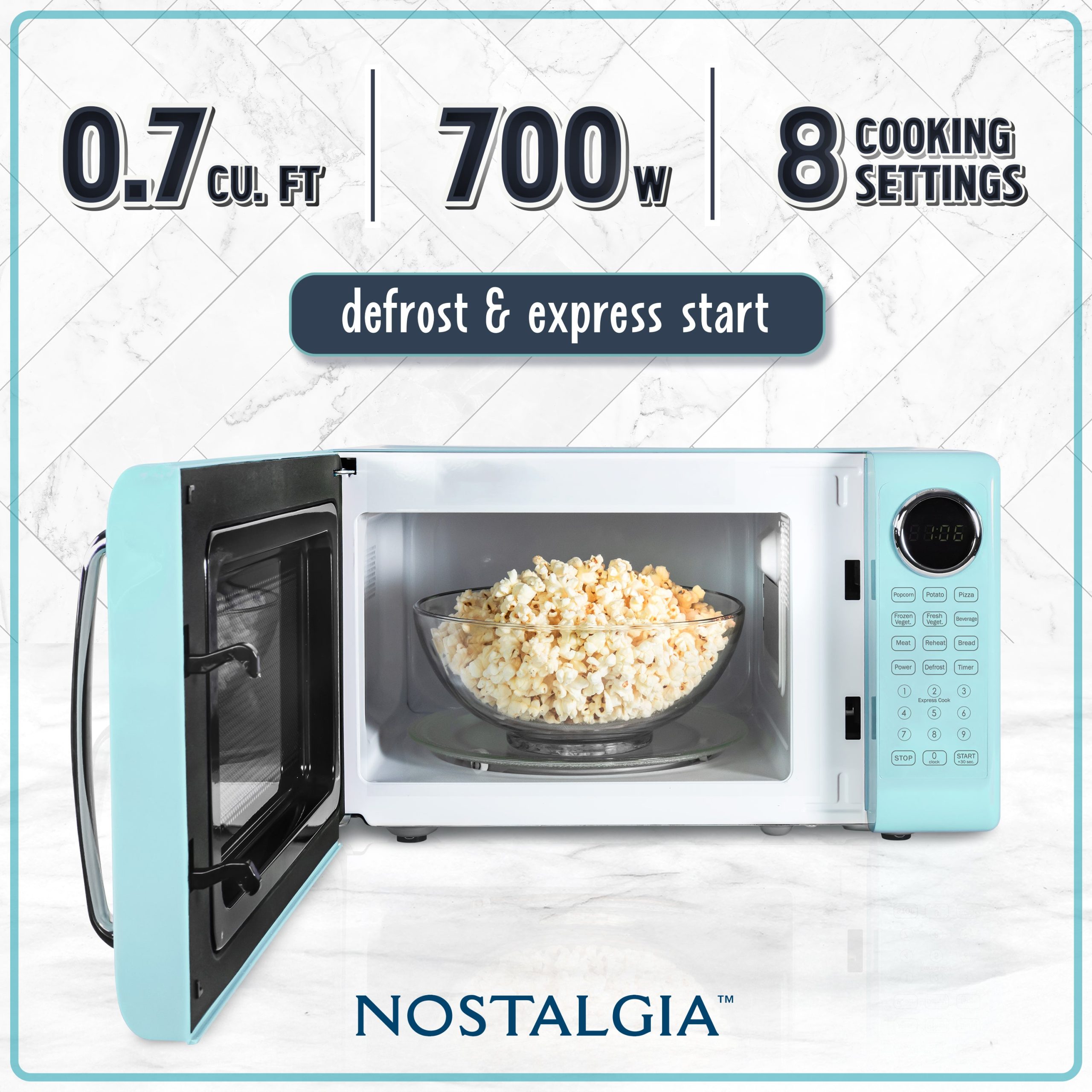 Retro Microwave Oven - 0.7 Cu Ft & 700-Watt Countertop Microwave with Glass Turntable. Child Safety Lock. 8 Auto-Cook Programs & Digital Clock - Image 2