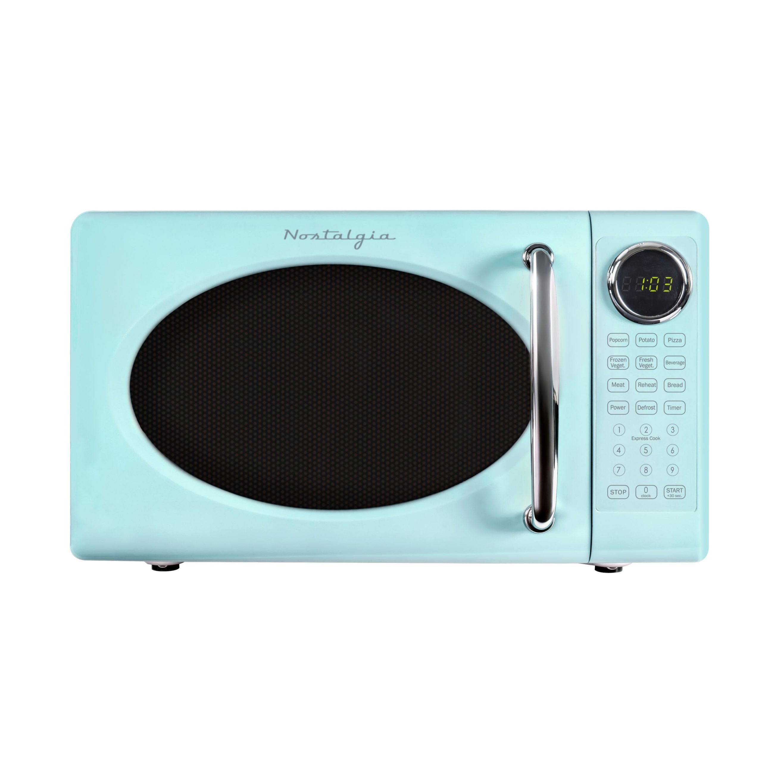 Retro Microwave Oven - 0.7 Cu Ft & 700-Watt Countertop Microwave with Glass Turntable. Child Safety Lock. 8 Auto-Cook Programs & Digital Clock