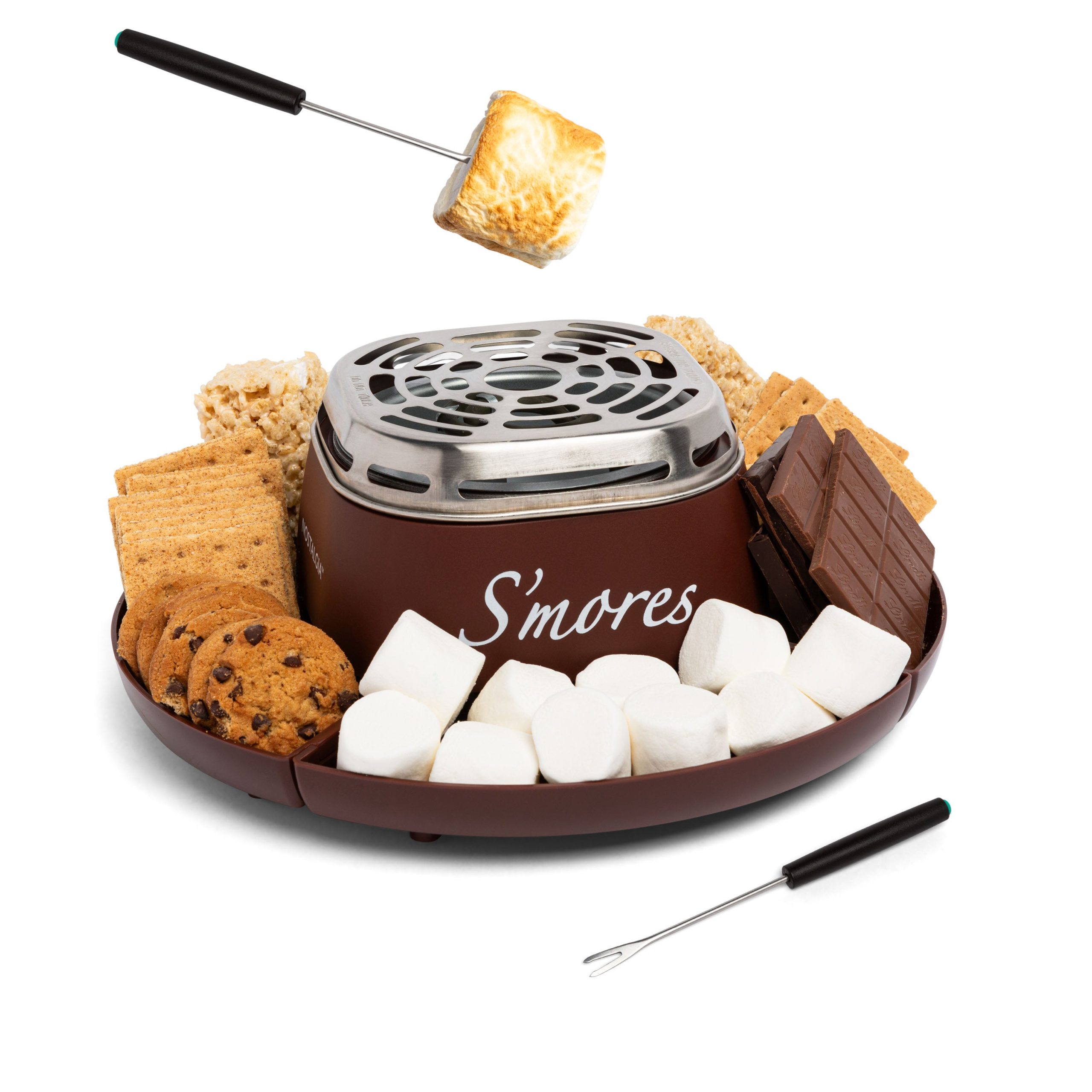 Indoor Electric Stainless Steel S'mores Maker with 4 Compartment Trays for Graham Crackers. Chocolate. Marshmallows and 2 Roasting Forks